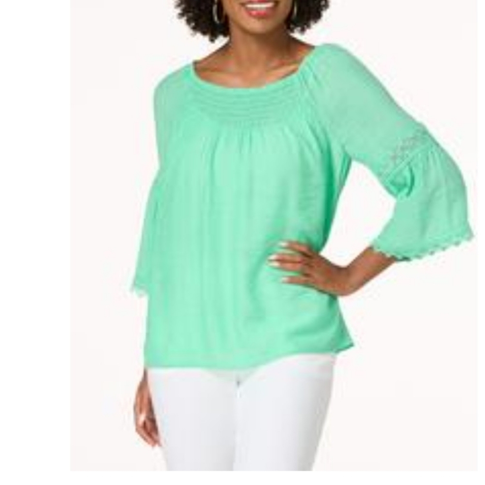 Mint Green Women's Smocked Top With Lace Accents